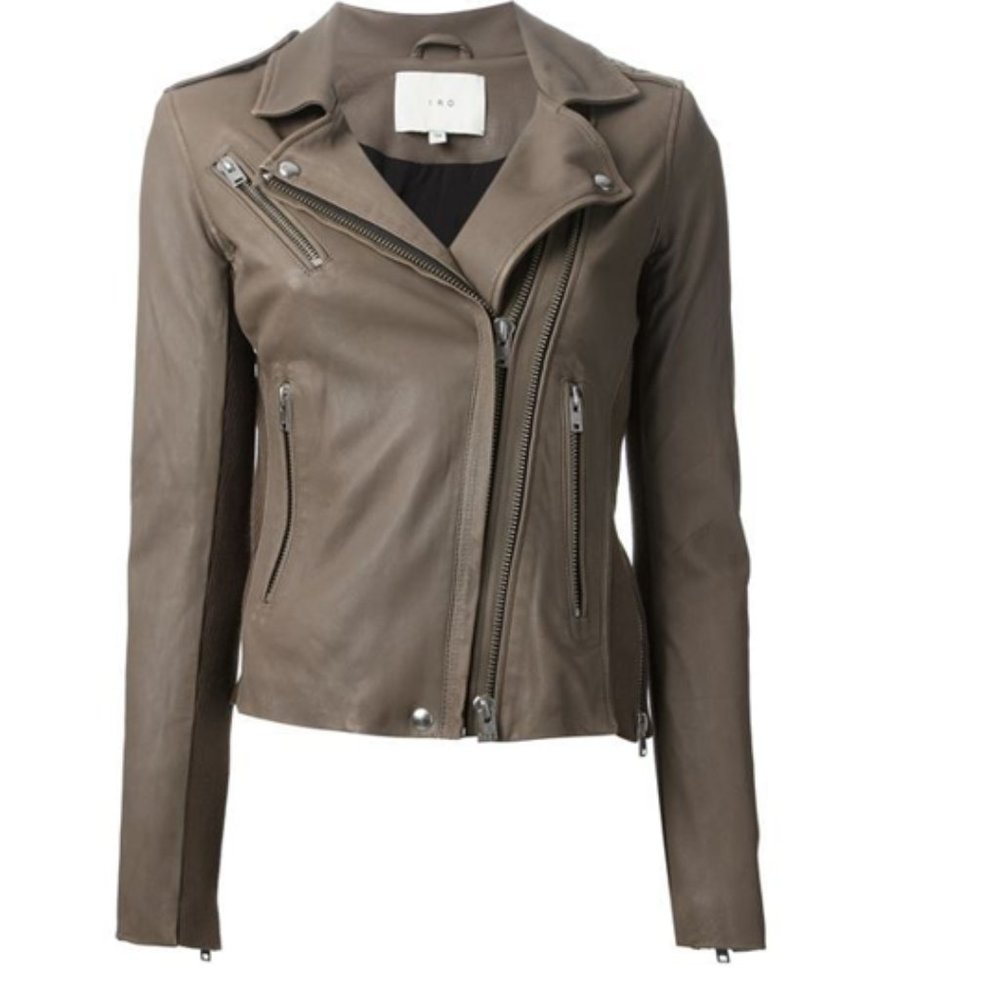 IRO Ladies Vika Taupe Lamb Leather Double Zip Knit Trim Biker Jacket US 6 EU 38